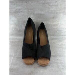TOMS Women Black Canvas Peep Toe Cork Wedge Sandals Platform Shoes Sz 9.5